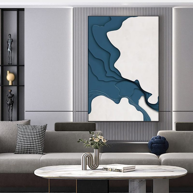 Modern Rectangle Wall Decor Abstract Canvas Painting Art with Frame in Blue & White