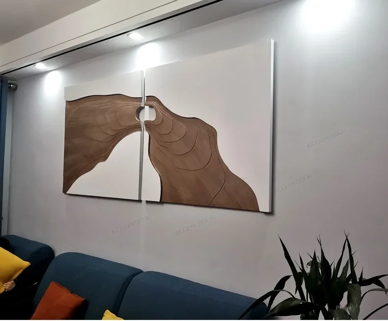 Living Room Sofa Background Wall Decorative Painting Model Room Three-Dimensional Mural Device Wood Carving Hanging Painting