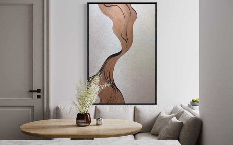 White and Tan Centre Stroke Art, Extra Large Simplistic Oversize Vertical Painting, Hand Painted Abstract Thick Texture Modern Wall Art