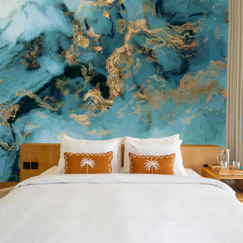 Teal marble with gold stroke wallpaper mural
