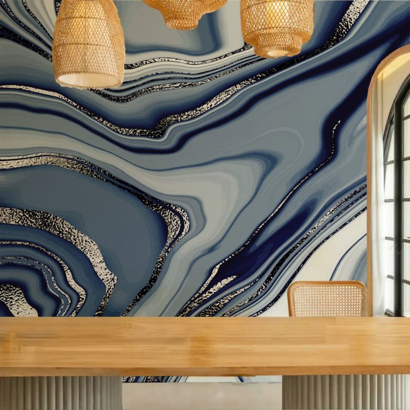 Blue grey marble swirl wallpaper mural with silver veins