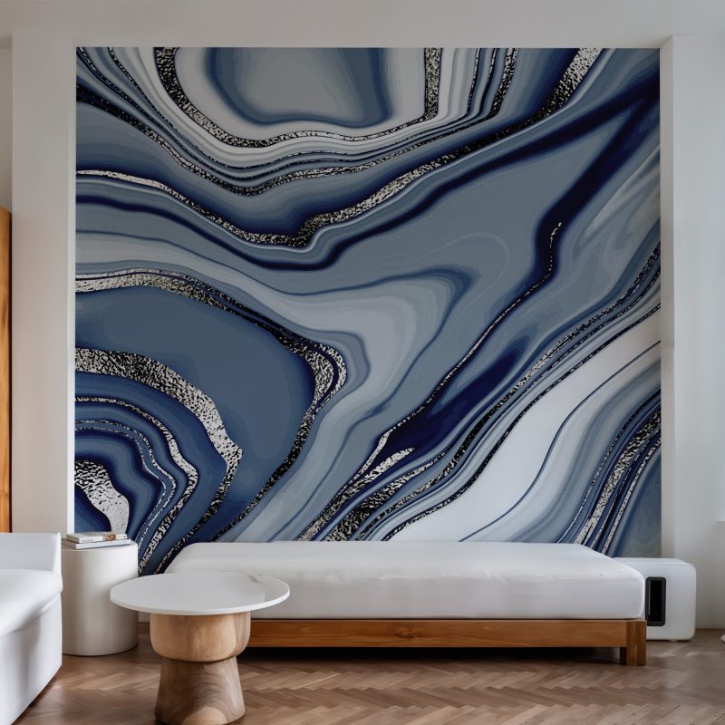 Blue grey marble swirl wallpaper mural with silver veins