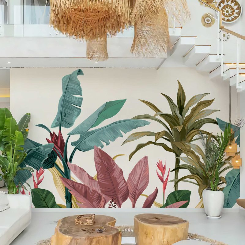 Tropical lobster-claw leaves wallpaper mural on cream