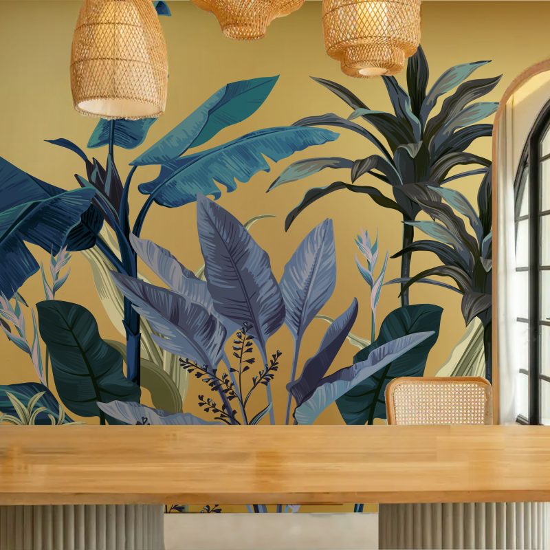 Tropical lobster-claw leaves wallpaper mural on mustard