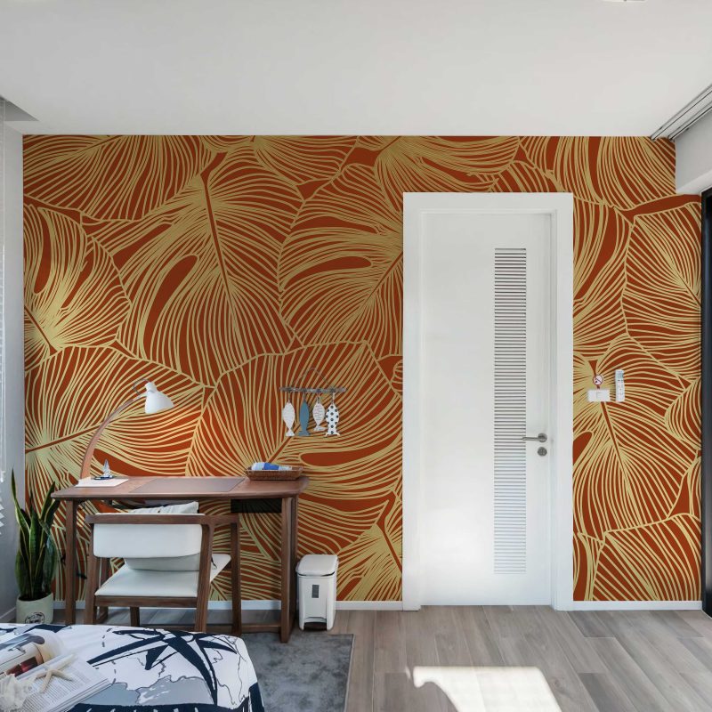 Line Drawing Leaves wallpaper in rust