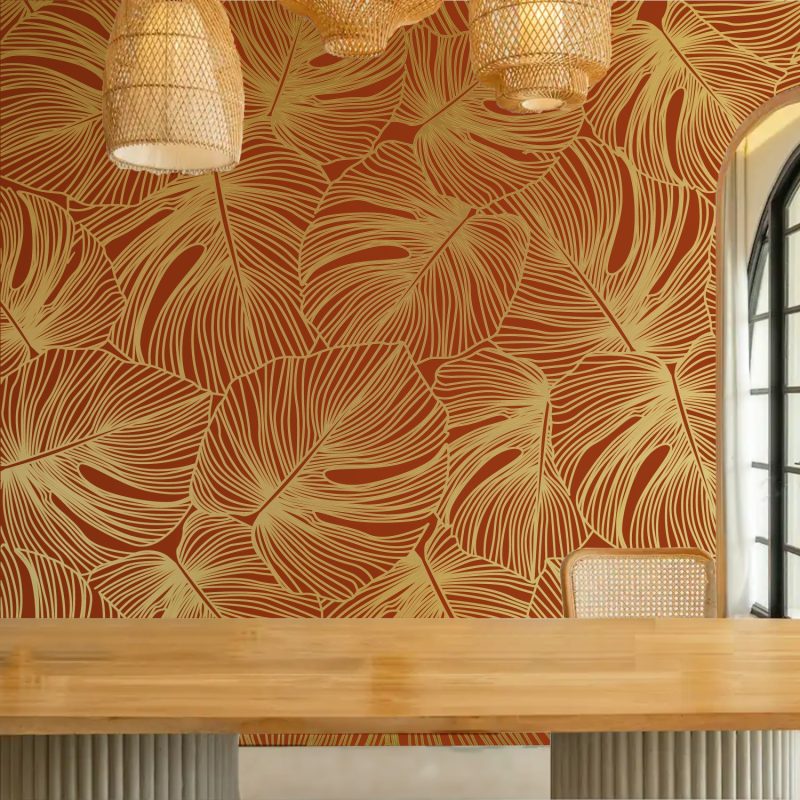 Line Drawing Leaves wallpaper in rust