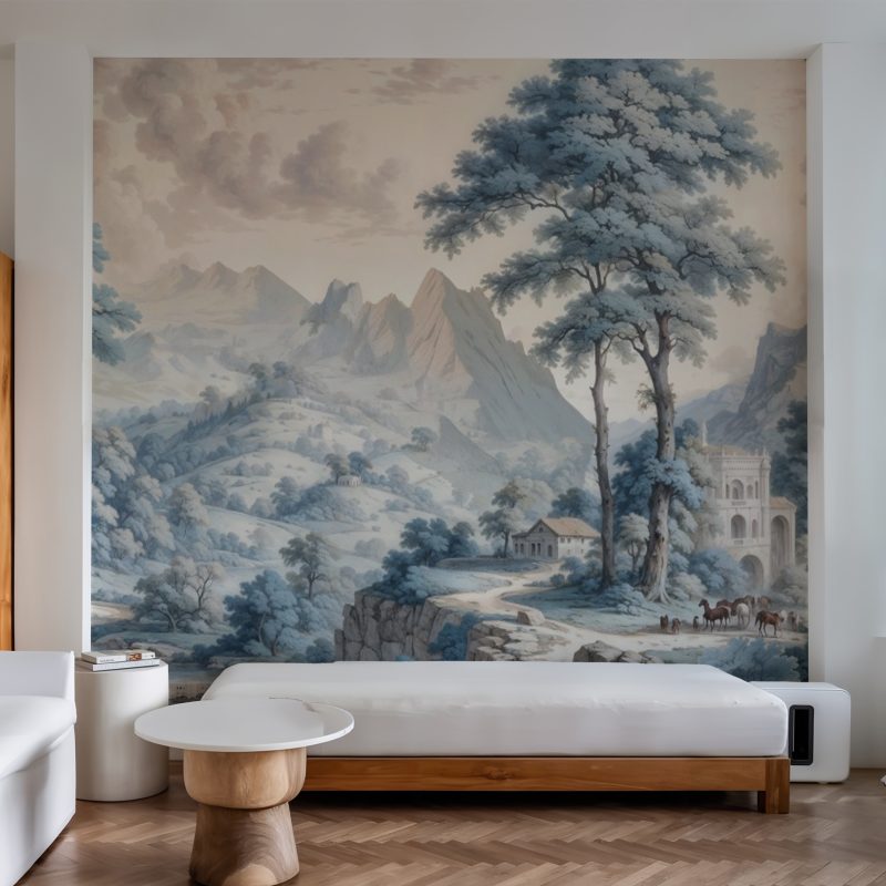 Vintage Blue Mountain River Mural Wallpaper