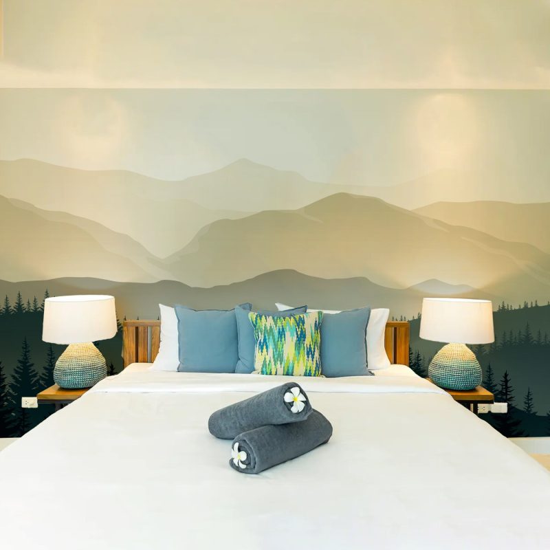 Misty mountain forest wallpaper mural in forest green