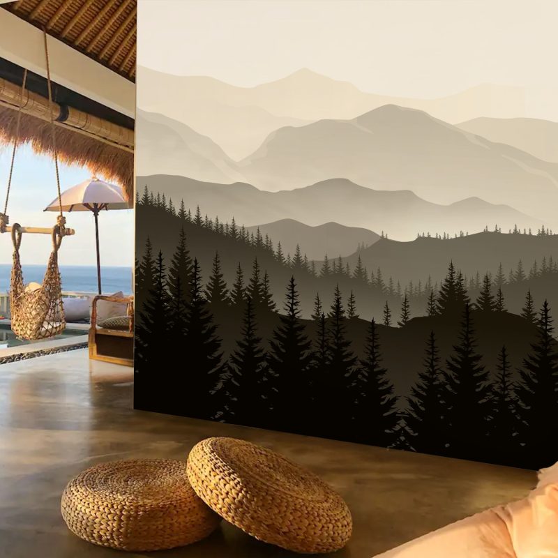 Misty mountain forest wallpaper mural in sepia brown