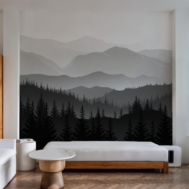 Misty mountain forest wallpaper mural in grey