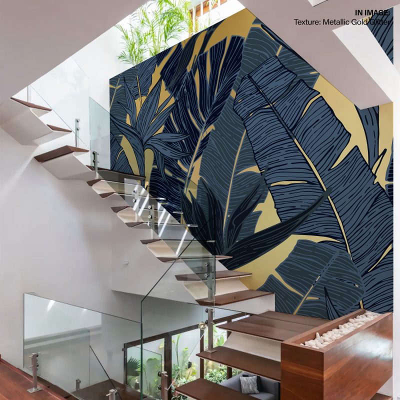 Pastel Leaves wallpaper in navy and gold