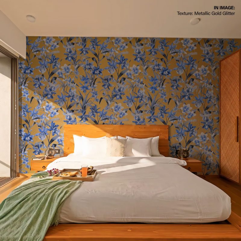 Gold and Blue Ditsy Floral Wallpaper