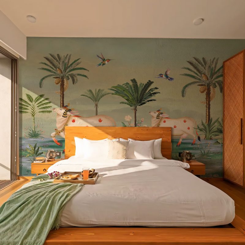 Sage Green Pichwai Cow and Calf Wallpaper