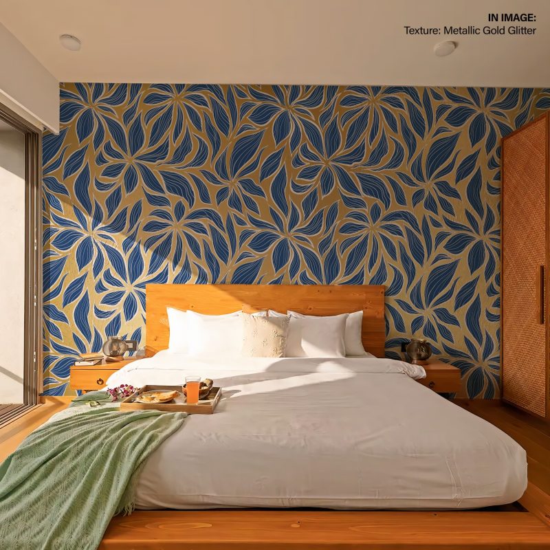 Blue and Gold Art Nouveau Leaf Wallpaper