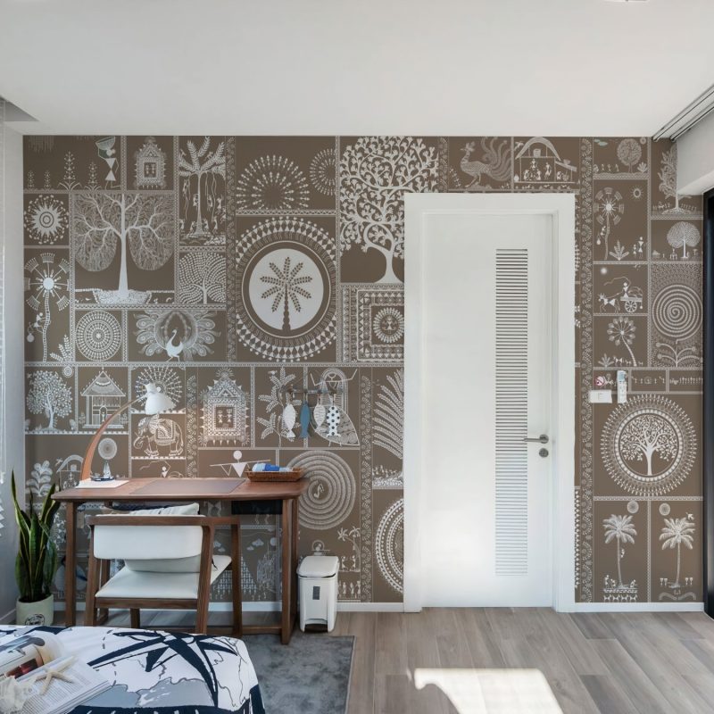 Warli Rural Serenity Life wallpaper in taupe