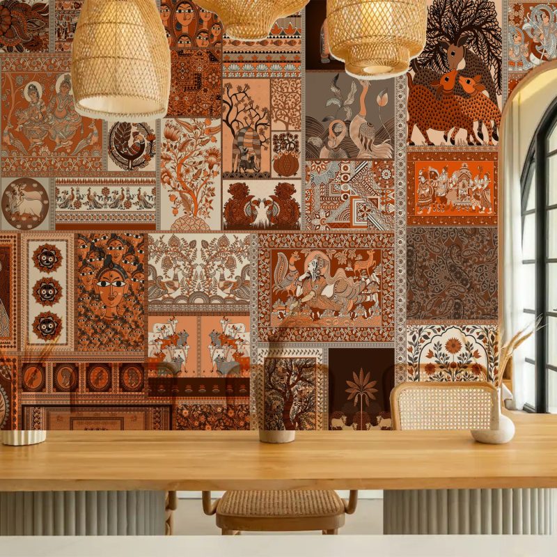 Indian Folk Fusion wallpaper in terracotta