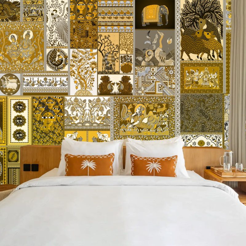 Mustard Indian Folk Art Patchwork Wallpaper