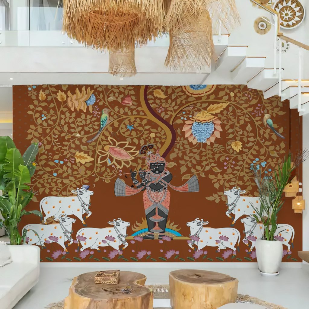 Brown Pichwai Shrinathji and Cows Wallpaper