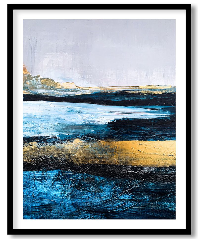 Gold blue textured contemporary abstract painting