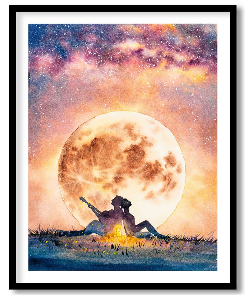 Romantic couple with guitar in moonlight