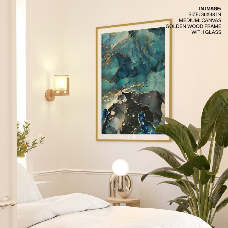 Abstract Blue Teal Gold Fluid – Wall Hanging