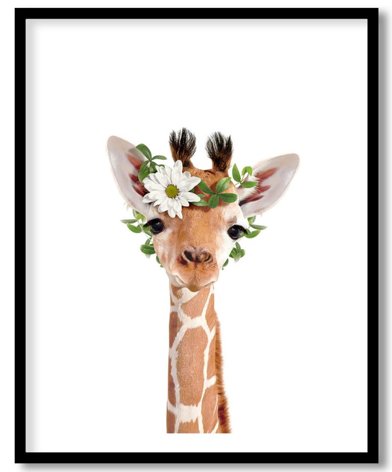 Animals with flower crowns, Giraffe art print, Zoo animal nursery, Safari animals, Girls room wall art