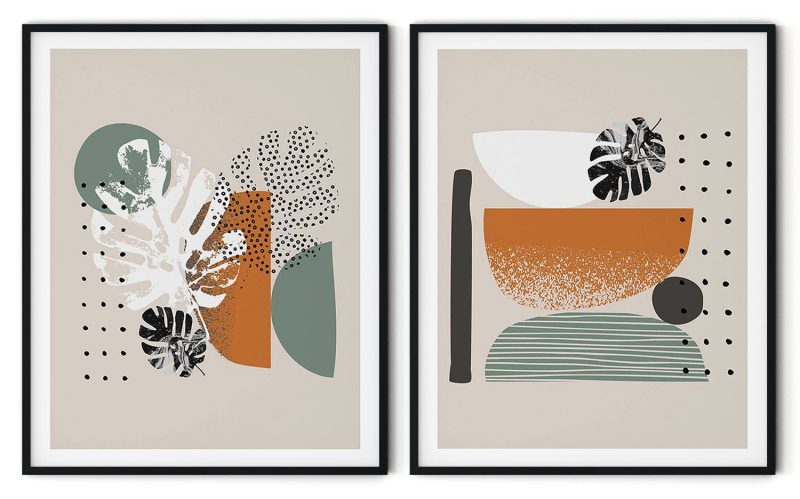 Set of 2 abstract colorful leaf figure botanical
