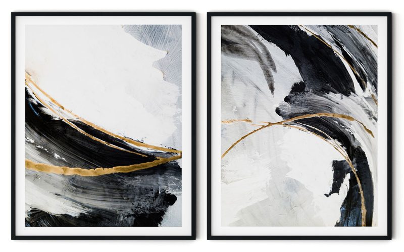 Set of 2 contemporary brushstrokes black white golden abstract painting