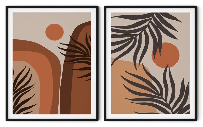 Set of 2 boho mountain sun botanical landscape