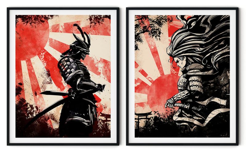 Set of 2 japanese silhouette samurai fighters