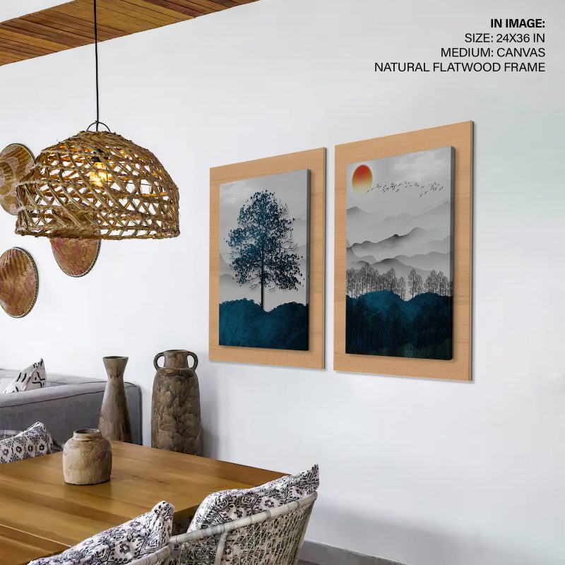Oriental Teal Trees Mountains Sun – Wall Hanging