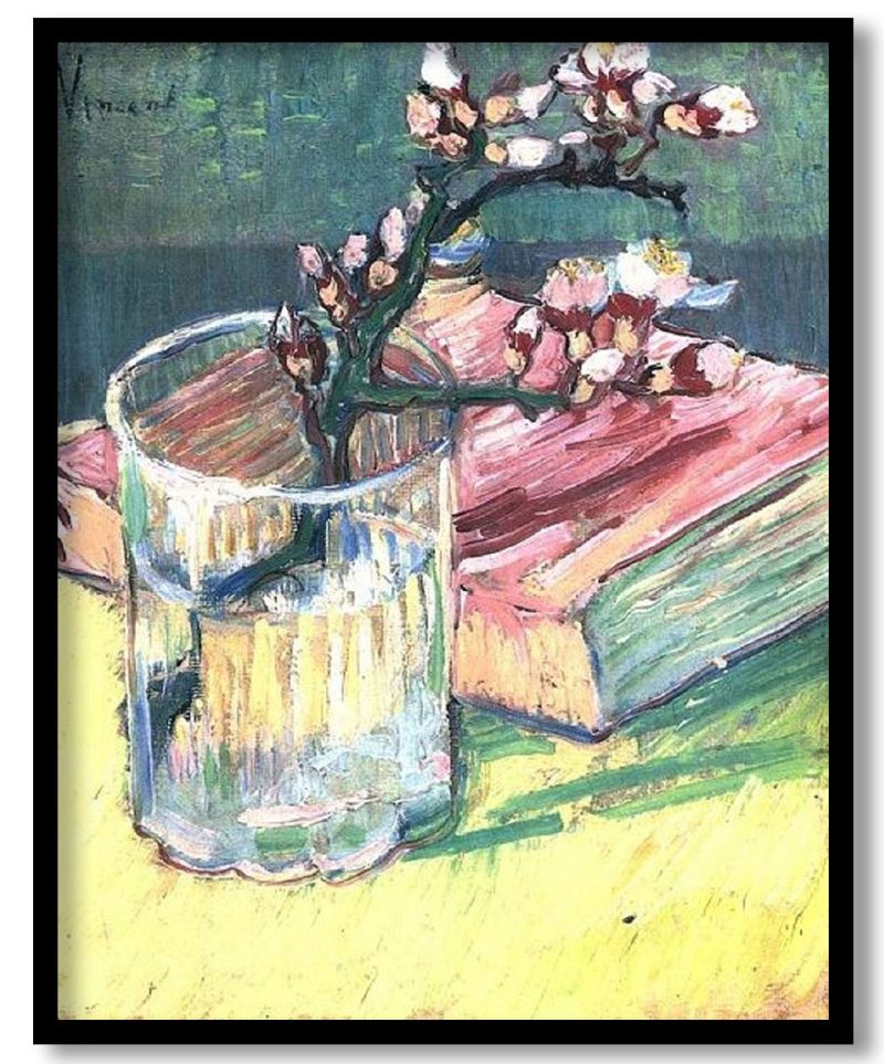 Blossoming Almond Branch in a Glass with a Book by Vincent van Gogh (1888)
