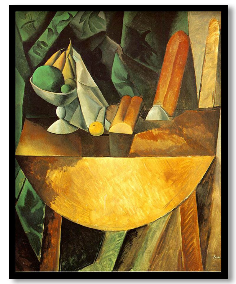 Bread and dish with fruits on the table by Pablo Picasso (1909)