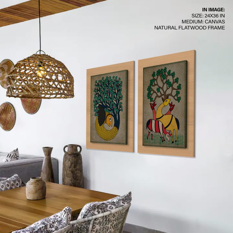 Gond Curled Creature and Deer – Wall Painting