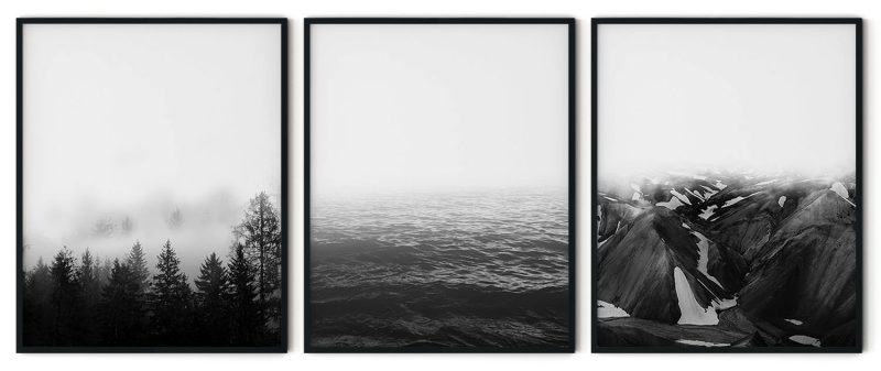 3 Terrains - Forest, Sea, Hills Framed Wall Art (Set of 3), Nature Art, Minimalist Art, Scandinavian, Black & White - Choose Size and Frame Color