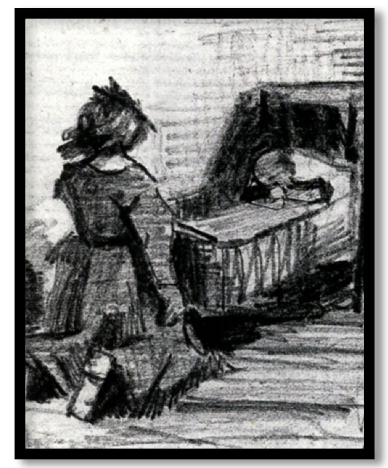 Girl Kneeling in Front of a Cradle by Vincent van Gogh (1883)