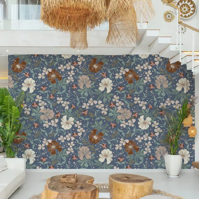 Blue and Brown Vintage Floral Wallpaper