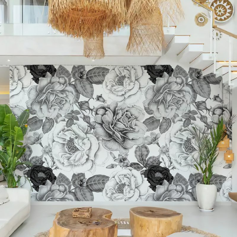 Grey and White Vintage Rose Wallpaper