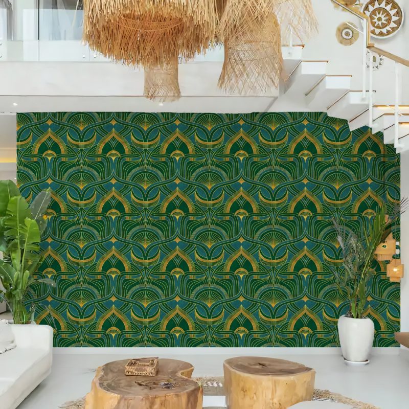 Emerald Green and Gold Art Deco Wallpaper