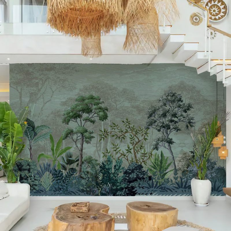 Misty Green Tropical Forest Mural Wallpaper