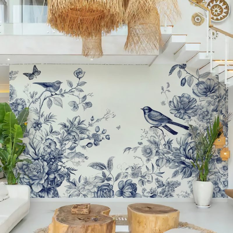 Blue and White Chinoiserie Peony Wallpaper