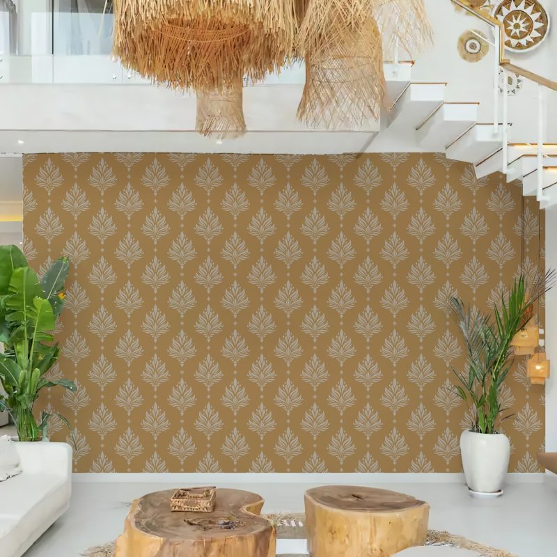 Mustard and Beige Leaf Damask Wallpaper