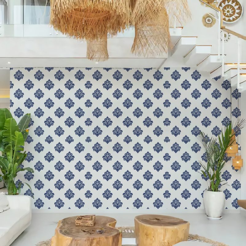 Blue and White Floral Block Print Wallpaper