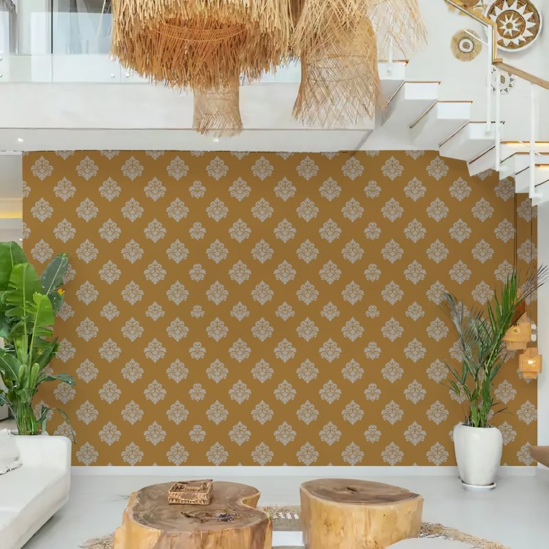 Mustard and Grey Floral Damask Wallpaper