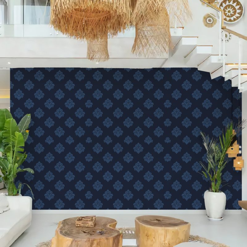 Navy Blue Floral Damask Wallpaper