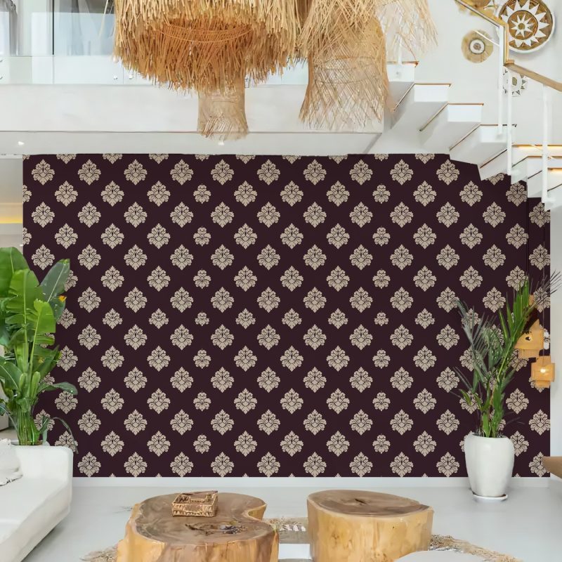 Dark Brown and Beige Floral Damask Wallpaper