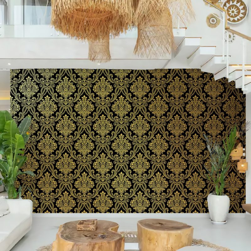 Black and Gold Victorian Damask Wallpaper