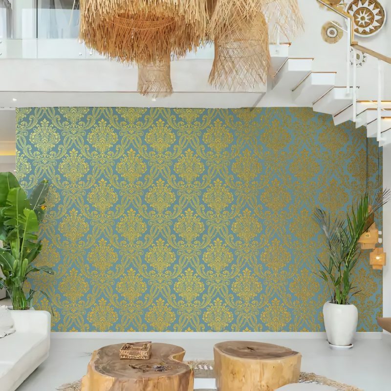 Teal and Gold Victorian Damask Wallpaper