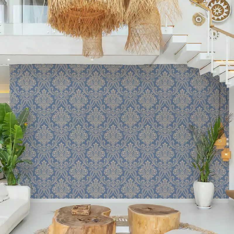 Blue and Beige Victorian Damask Wallpaper