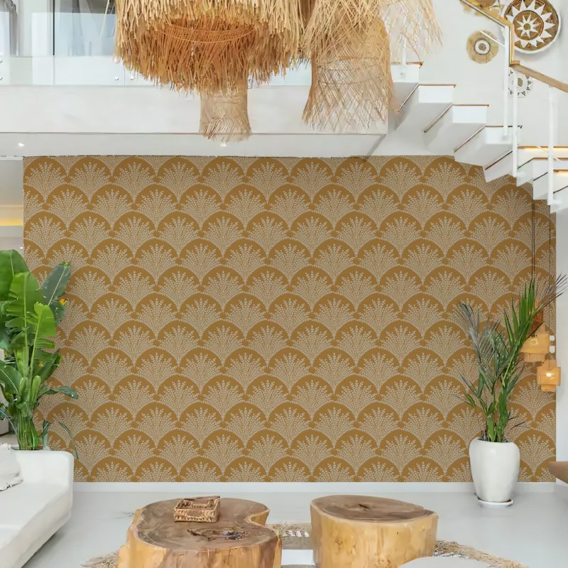 Mustard and Beige Art Deco Fan Wallpaper